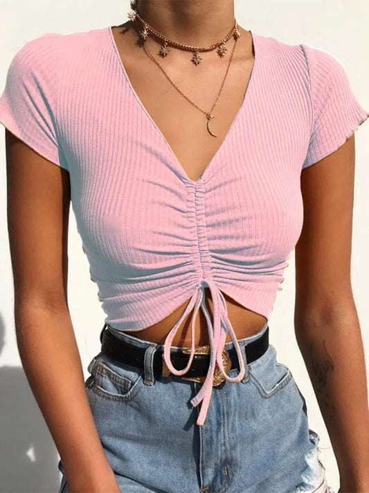 Camisetas sin mangas cortas con cuello en V para mujer, camisola con cordón ajustable en la parte delantera, colores pastel, ropa de calle, top corto acanalado de corte entallado 2025