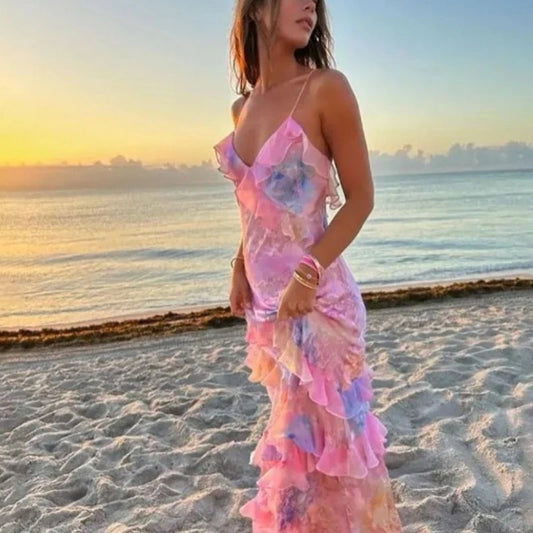 Sexy V-neck Backless Sleeveless Long Dresses Fashionable High Waist Slim Party Dress 2025 Elegant Print Women’s Evening Dress