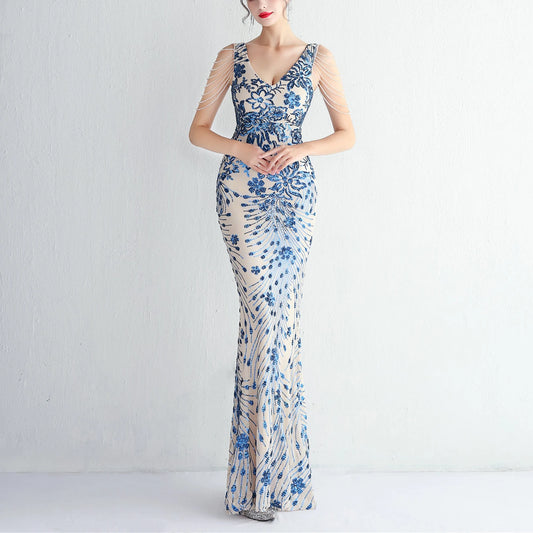 Sexy V-neck Sleeveless Dress with Stones and Crystals Fashion Sequins Tassel Elegant Women Party Dresses High Waisted Long Dress