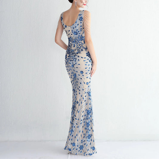 Sexy V-neck Sleeveless Dress with Stones and Crystals Fashion Sequins Tassel Elegant Women Party Dresses High Waisted Long Dress