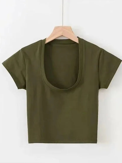 Sexy Women Short Sleeve U-Neck Gray Tee Tank Tops Female Solid Black/White Korean Crop Tops Y2k Summer Slim Sports Vest