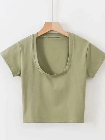 Sexy Women Short Sleeve U-Neck Gray Tee Tank Tops Female Solid Black/White Korean Crop Tops Y2k Summer Slim Sports Vest