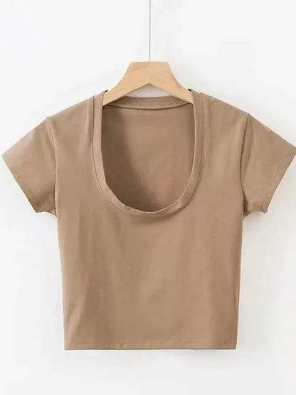 Sexy Women Short Sleeve U-Neck Gray Tee Tank Tops Female Solid Black/White Korean Crop Tops Y2k Summer Slim Sports Vest