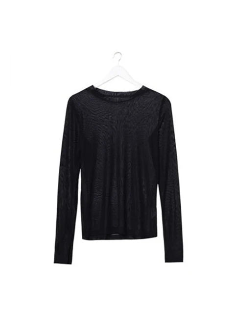Sexy Women T Shirt See Through Transparent Mesh Tops Long Sleeve Ladies T-Shirt Pink Green Top Basic Tops for Women