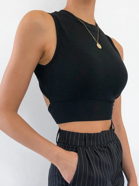 Camiseta sin mangas sexy con espalda descubierta para mujer, top ajustado con vendaje, top informal de verano 2025, top cruzado suave de algodón liso