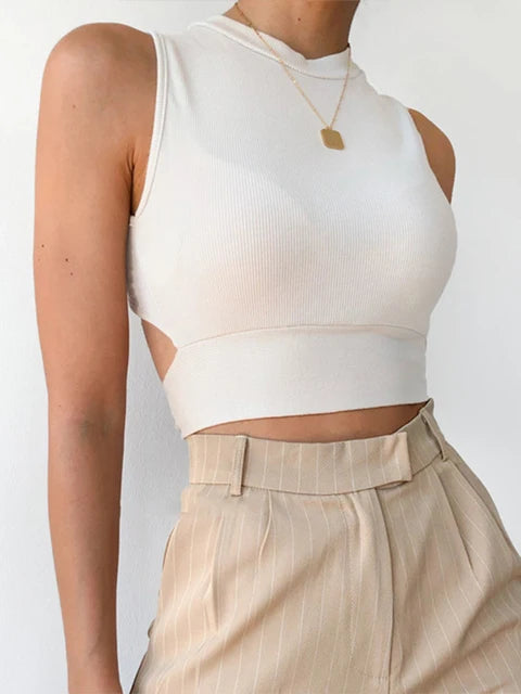 Camiseta sin mangas sexy con espalda descubierta para mujer, top ajustado con vendaje, top informal de verano 2025, top cruzado suave de algodón liso