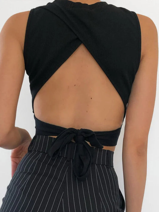 Sexy backless women tank top bandage slim crop top summer 2025 casual streetwear tops solid cotton soft criss cross top