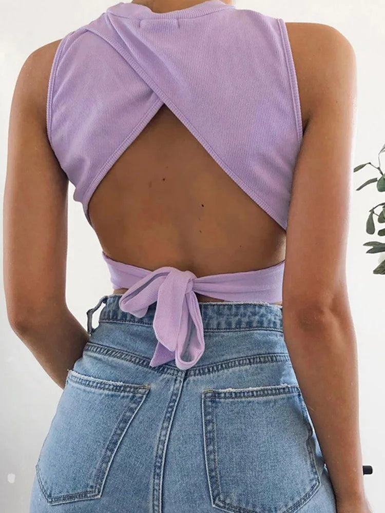 Camiseta sin mangas sexy con espalda descubierta para mujer, top ajustado con vendaje, top informal de verano 2025, top cruzado suave de algodón liso