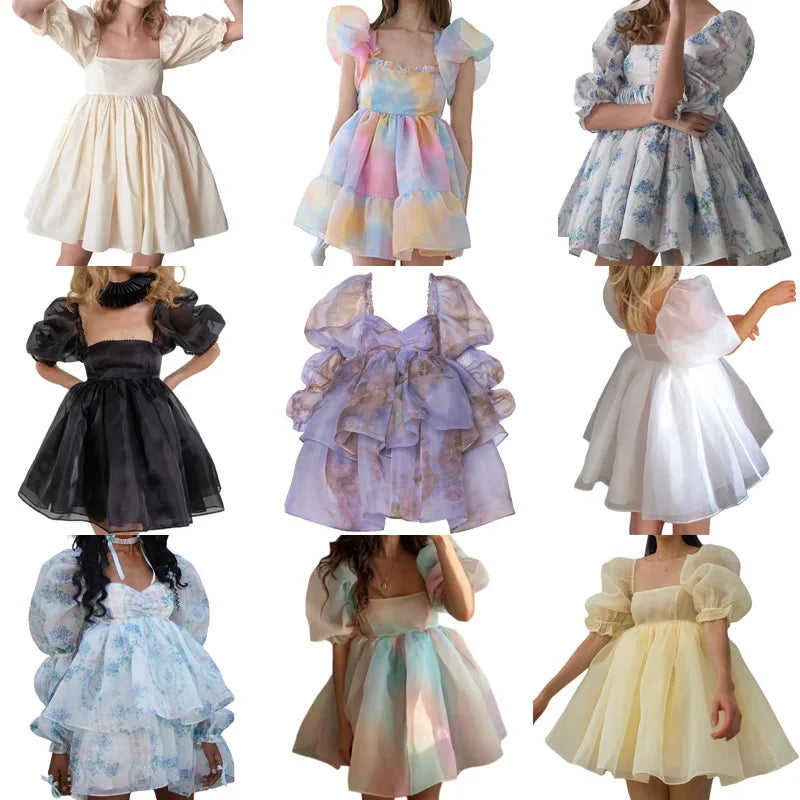 Vestido de princesa de tul con mangas abullonadas estilo kawaii para mujer, minivestido vintage con hombros descubiertos y cuello cuadrado, de malla abullonada, para fiesta, graduación y noche.