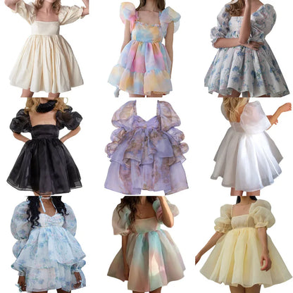 Vestido de princesa de tul con mangas abullonadas estilo kawaii para mujer, minivestido vintage con hombros descubiertos y cuello cuadrado, de malla abullonada, para fiesta, graduación y noche.