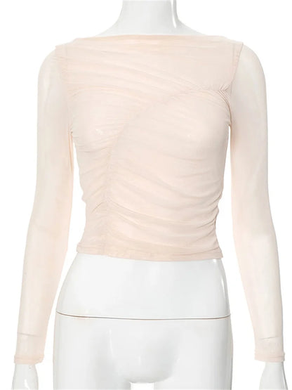 Camiseta de malla transparente de verano para mujer, top plisado de retazos transparente, top corto ajustado, camiseta lisa para mujer, jersey