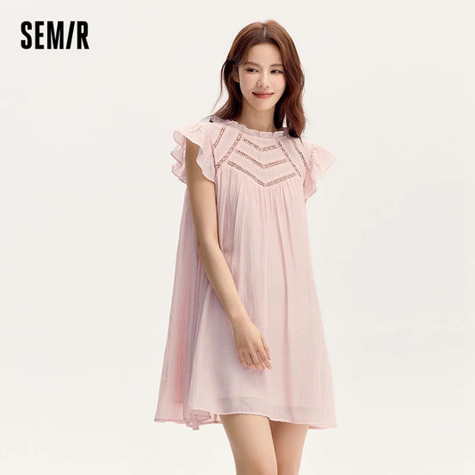Dress Women Gentle Ruffle Trim Short Flutter Sleeves Textured Mini Skirt  Summer New Hollowed-Out Doll Dress