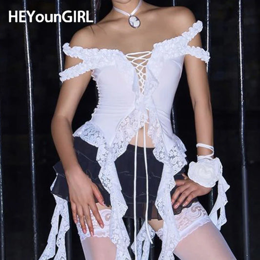 Sexy Ruffled Hem Lace Tank Top Off Shoulder White Tie Up Aesthetic Tube Top Holiday Summer Fashion Camisole Skinny