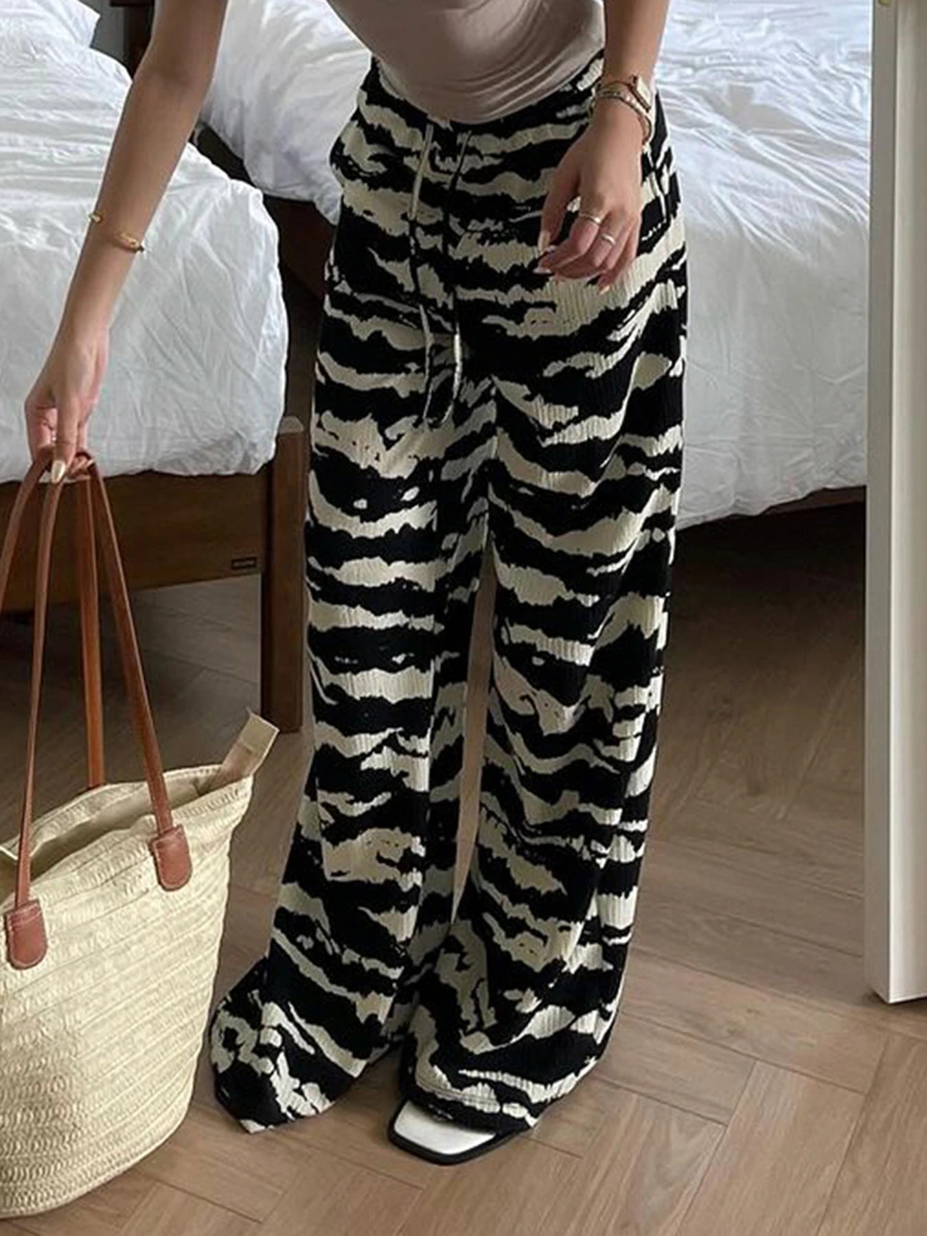 Pantalones rectos de punto con rayas de cebra para mujer, con cordón ajustable, cintura elástica, holgados e informales, conjuntos bohemios para vacaciones.