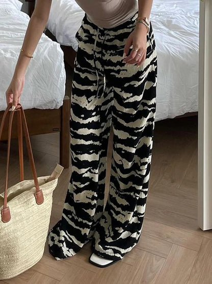 Pantalones rectos de punto con rayas de cebra para mujer, con cordón ajustable, cintura elástica, holgados e informales, conjuntos bohemios para vacaciones.