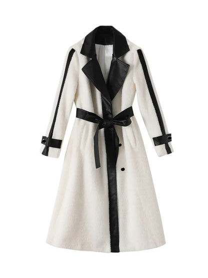Autumn Winter Chic Woolen Coat Women Patchwork Long Jackets with Belt Lapel Korean Fashion Female Outerwear New Soft Overcoat