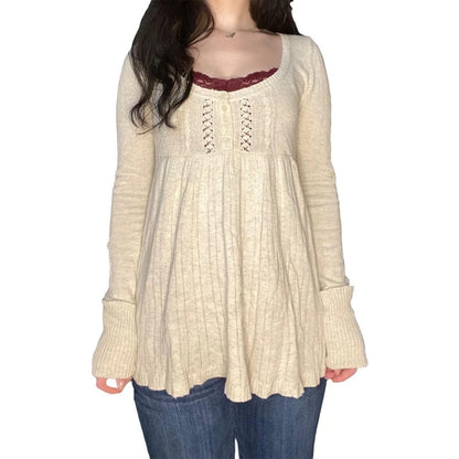 2000s Vintage Long Sleeve Babydoll Knitted Sweater Tops Cottage Milkmaid Pullovers Aesthetic Grunge Y2k Knitwear T-shirts Women