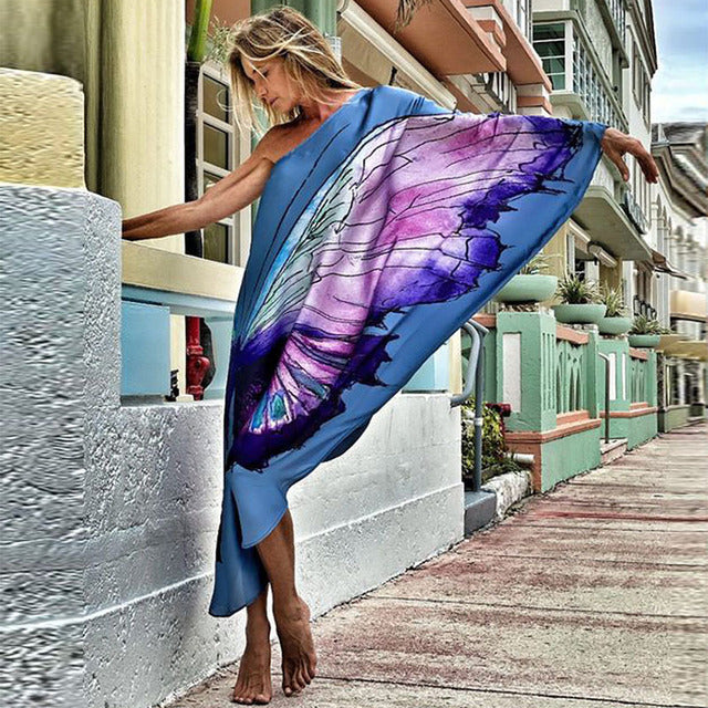 Vestido largo irregular con estampado de mariposas de colores y un solo hombro para mujer, sexy, holgado, con hombros descubiertos, para playa y vacaciones, ropa de calle
