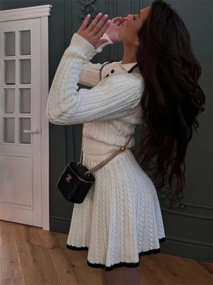 Autumn Fashion 2 Piece-Set Skirt Women’s Patchwork Contrast Long Sleeve Lapel Pullover And High Waist Mini Skirt Outfits