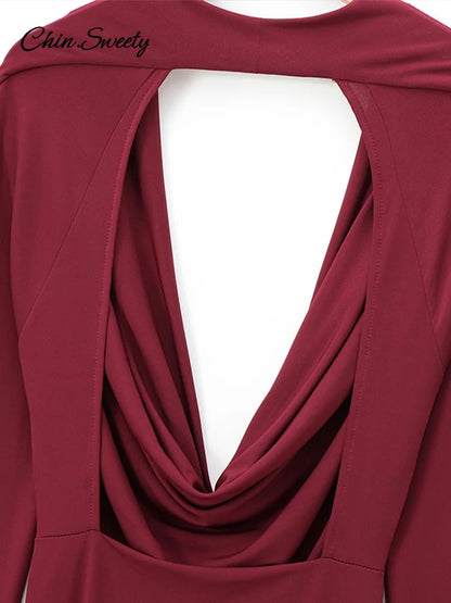 Elegant Hang Neck Burgundy Long Party Dress Women Halter Full Sleeve Maxi Dresses  Autumn Lady Slim Hip Package Gowns New