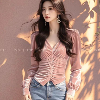 Camiseta de manga larga de terciopelo para mujer, cuello en V, informal, para jóvenes, elegante, de lujo, blusa básica, moda nueva
