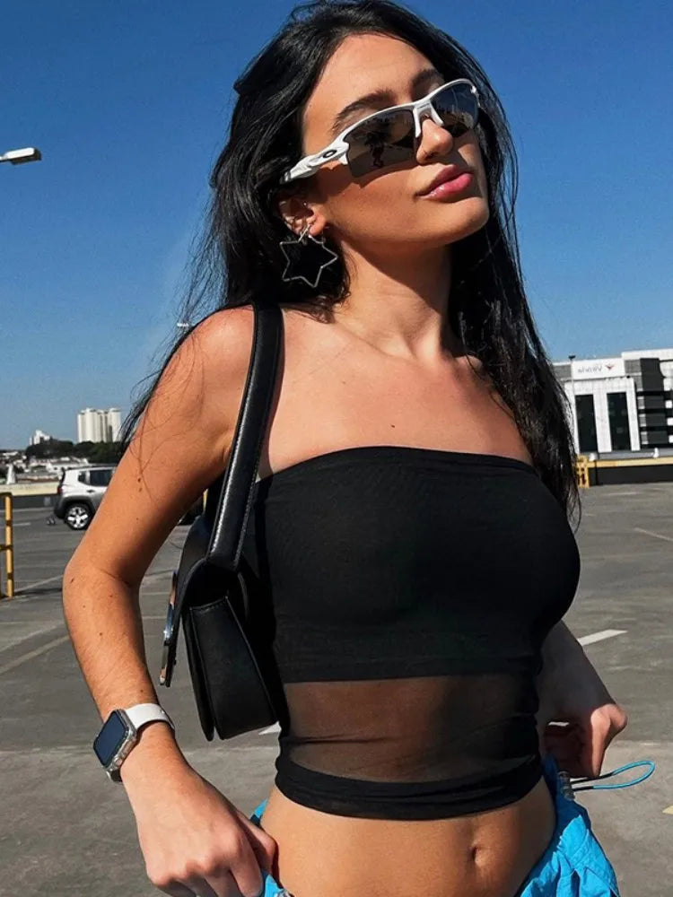Top de corsé de malla de retazos de corte ajustado, moda, color sólido, lencería ligeramente transparente, sin mangas, escote de una pieza, bustier Y2k