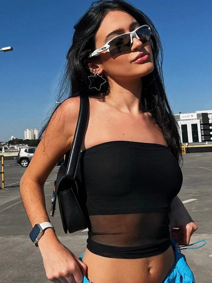 Top de corsé de malla de retazos de corte ajustado, moda, color sólido, lencería ligeramente transparente, sin mangas, escote de una pieza, bustier Y2k