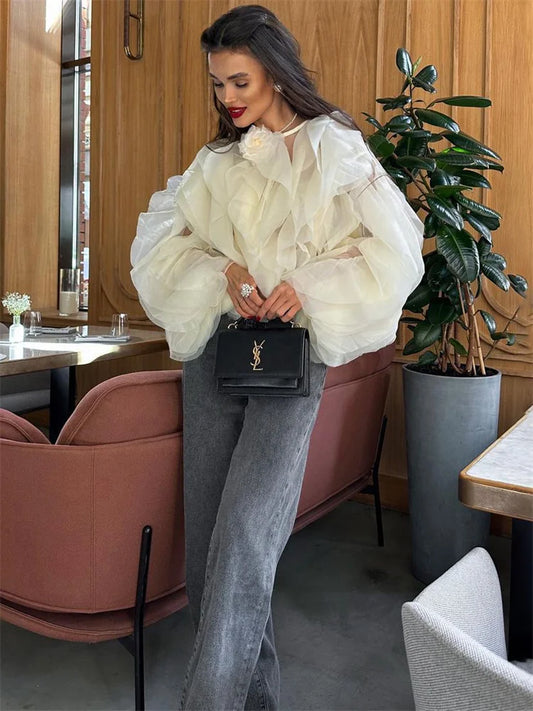 Camisas blancas con volantes y retazos, elegantes, de moda para mujer, de cintura alta, manga larga, informales, ropa de calle, blusa para mujer