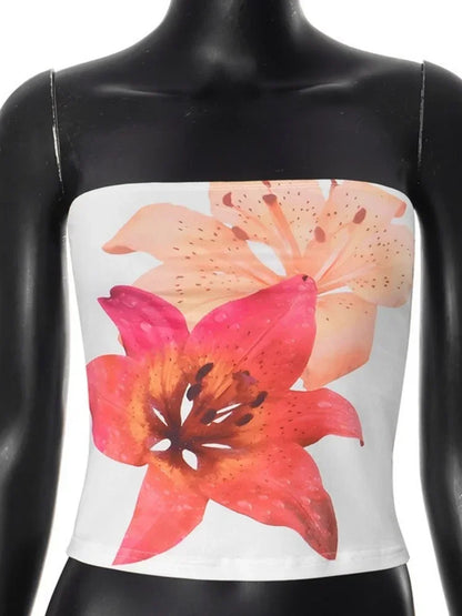 Top sexy con estampado floral, corto, sin tirantes, de una pieza, sin mangas, ajustado, de moda, para mujer, top informal sin cuello, sujetador Y2k