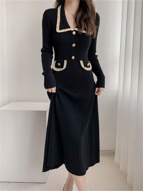 Vestido largo elegante de lujo para mujer, de punto con bolsillos, acanalado, con retazos, de cintura alta, ajustado, para fiesta y otoño.