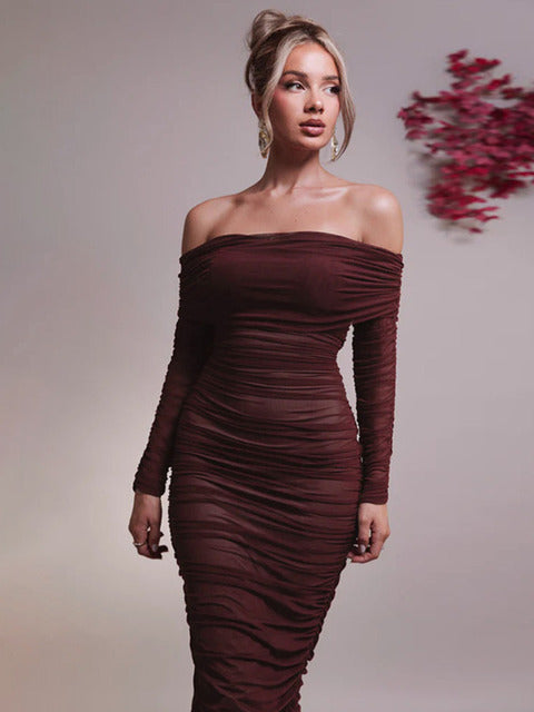 Vestido maxi sexy de manga larga con hombros descubiertos para mujer, nuevo vestido de otoño sin tirantes, espalda descubierta, ajustado, fruncido, para fiesta