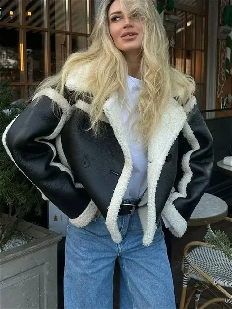 Suéter extragrande y esponjoso con solapa de PU para mujer, ropa de calle de moda con bolsillos de invierno y retazos, abrigo de lujo en contraste, nuevo