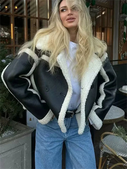 Suéter extragrande y esponjoso con solapa de PU para mujer, ropa de calle de moda con bolsillos de invierno y retazos, abrigo de lujo en contraste, nuevo