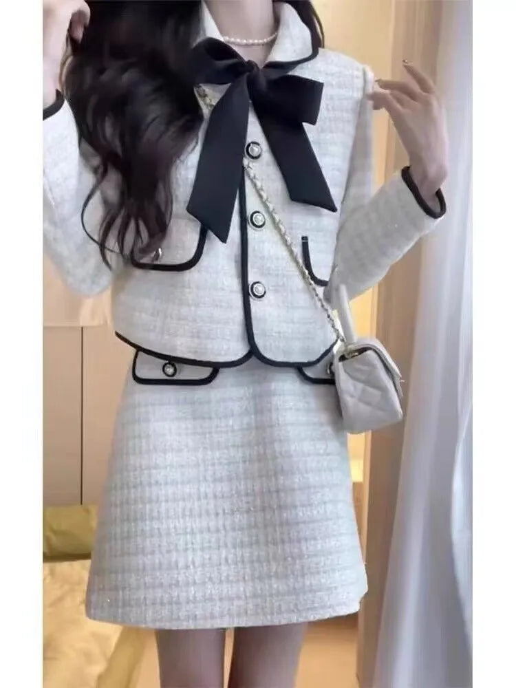 French Vintage Two-piece Skirt Set Women Autumn New Suit Single Breasted Crop Coat Bow Mini Skirt Korean Fashion Chic Outfits
