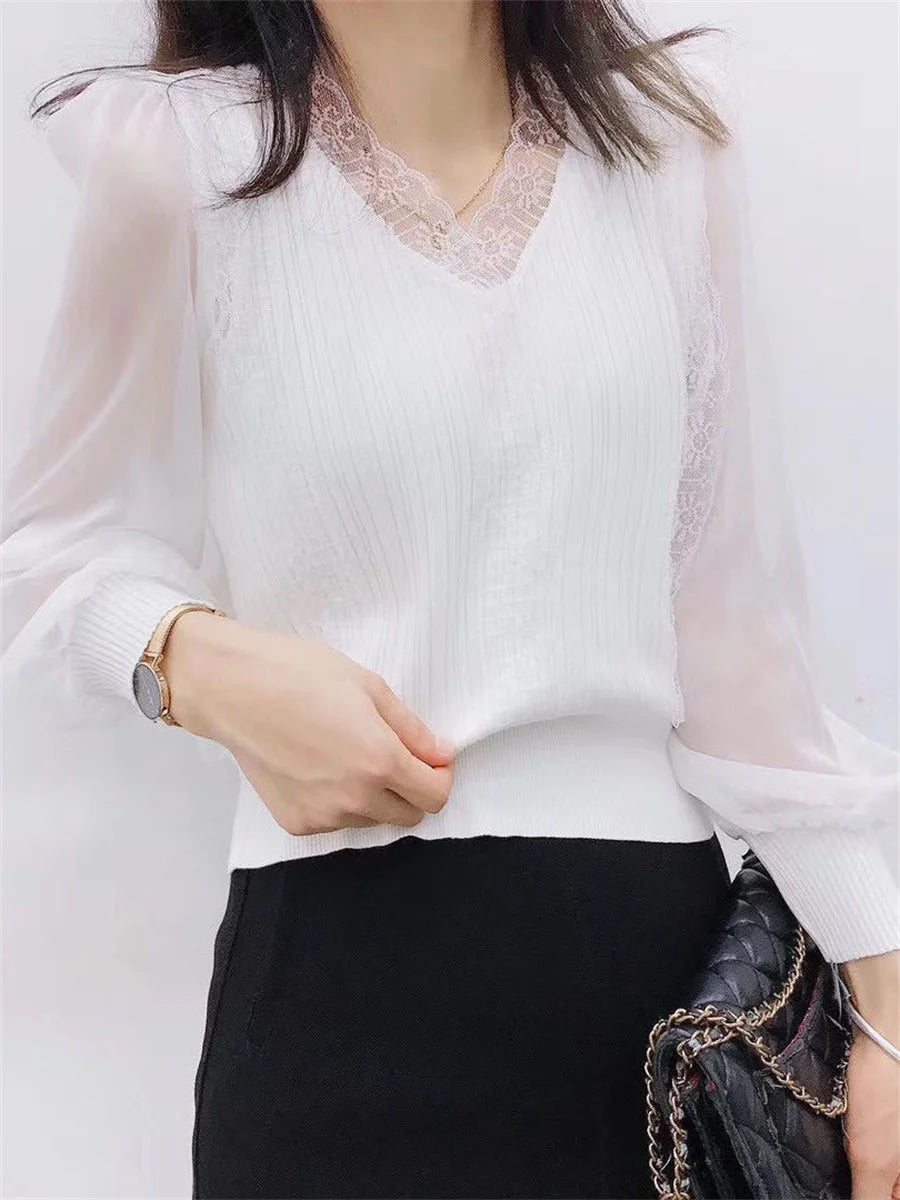 Blusas de mujer estilo primavera otoño, blusas casuales de manga larga con cuello en V y encaje DF4452