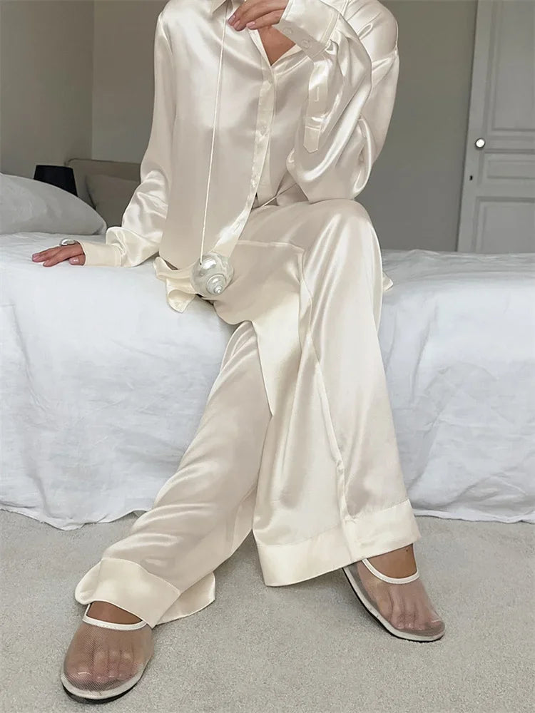 Fashion Commute 2 Piece-Set Trousers Ladies Casual Solid Shirts And High Waist Wide Leg Clothes Outfits Women’s Pants Sets