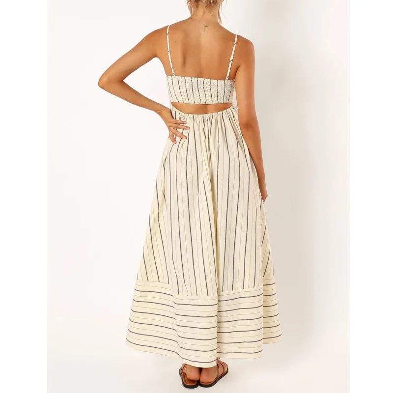 Vacation Dresses  Summer Women Striped Spaghetti Strap Sleeveless High Waist A Line Long Dresses Party Clubwear