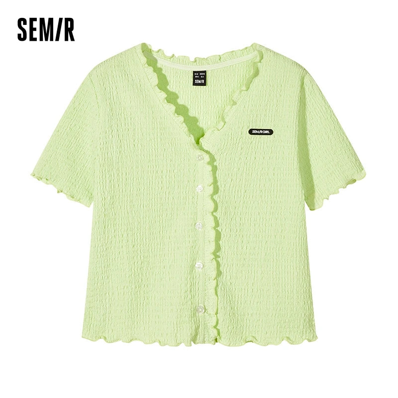Short-Sleeved T-Shirt Women Short Textured Earrings Summer New Tight Knitted Cardigan Coat Tops