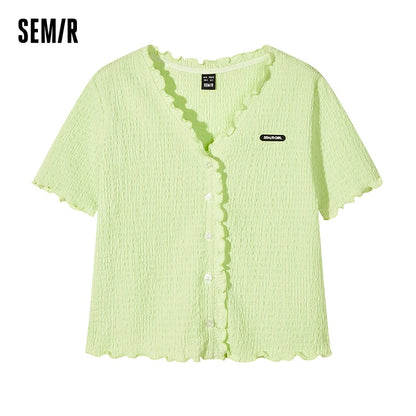 Short-Sleeved T-Shirt Women Short Textured Earrings Summer New Tight Knitted Cardigan Coat Tops