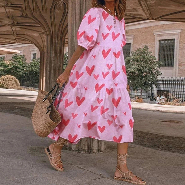 Vestido estampado de verano 2025 para mujer, manga corta abullonada, volantes, holgado, corte A, midi, informal, para playa y vacaciones