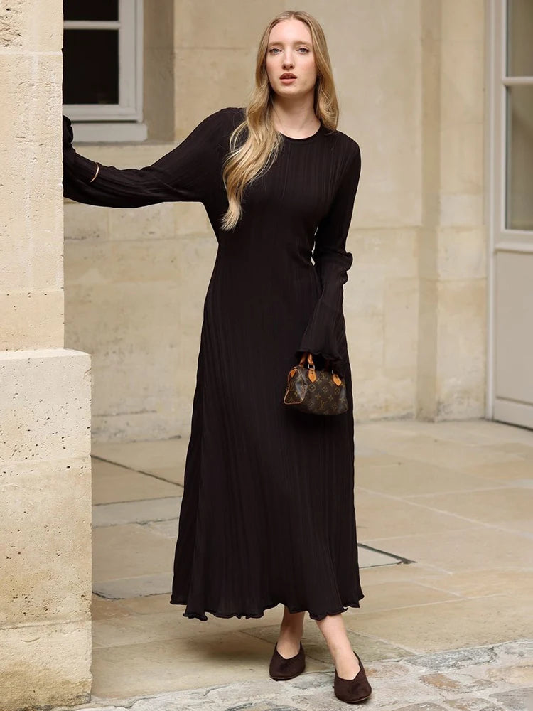 Vestido largo de punto para mujer, otoño invierno, nuevo, informal, retro, de cintura alta, acanalado, suéter, vestidos ajustados, trajes de fiesta para mujer