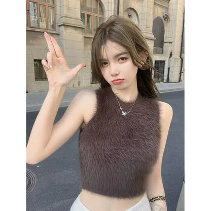 Sexy Faux Fur Crop Tops Women Vintage Y2k Clothes Knitted Tank Top Sleeveless Club Party Outfits Korean Fashion New