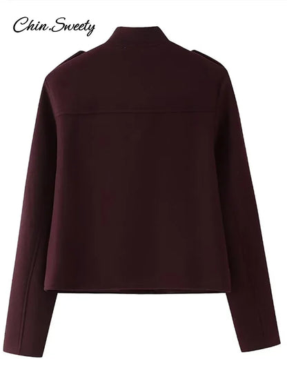 Chaqueta de lana color burdeos para mujer, cuello alto, botonadura sencilla, bolsillo, abrigo corto grueso, ropa de otoño para el día a día, nueva