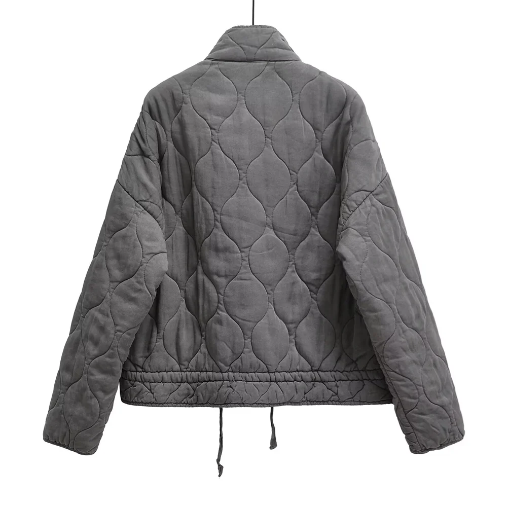 Abrigo de algodón con cuello alto, holgado, con bolsillos y rejilla de rombos para mujer, estilo de invierno, para uso diario y tiempo libre