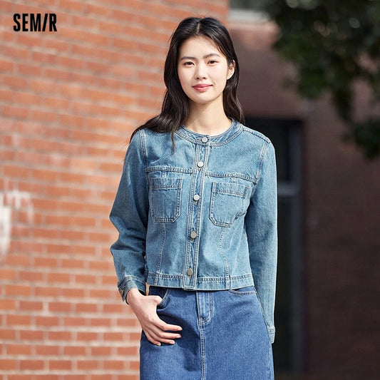 Denim Jacket Women Short Style Small And Taller Spring New Retro Round Neck Jacket Casual And Versatile Coats