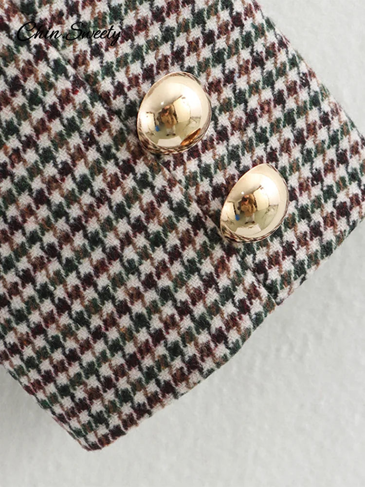 Fashion Blazers Women 2 Pieces Mini Skirt Sets Plaid Long Sleeve O-neck Top Pleat A-line Skirts 2025 Two Piece Set Female Outfit