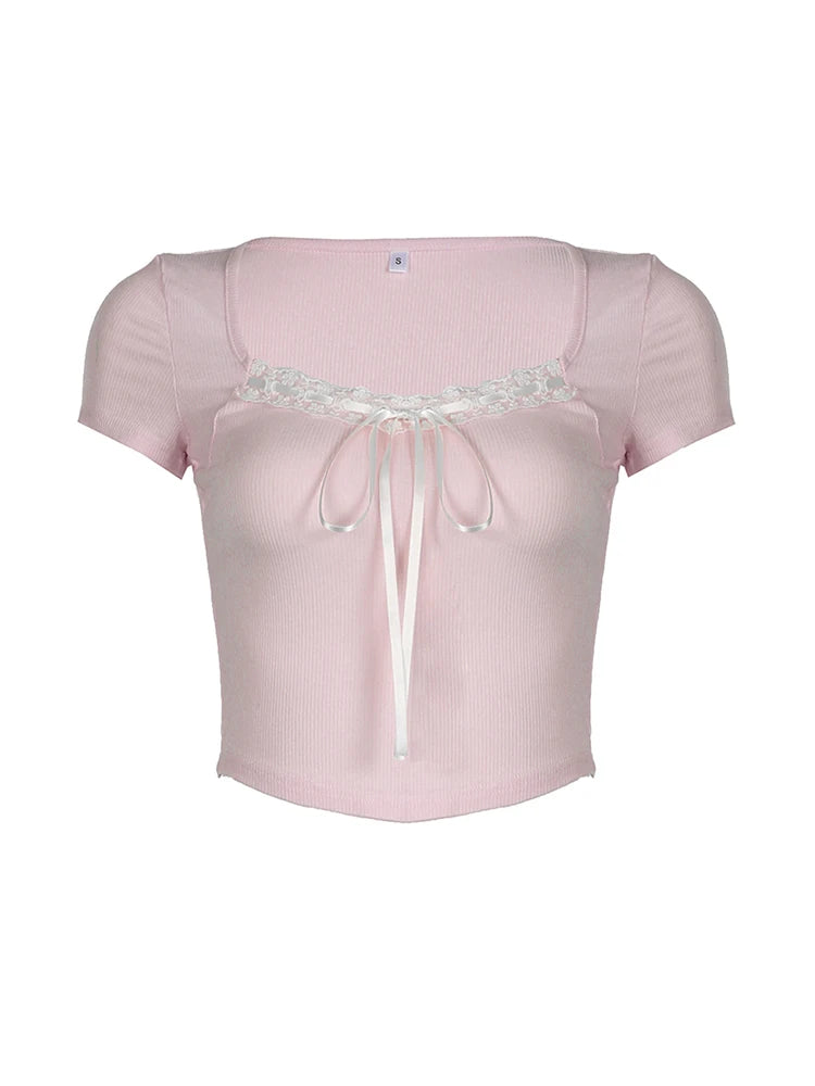 Camiseta rosa de manga corta para mujer, estilo balletcore, con cuello cuadrado y ribete de encaje Y2K, estilo kawaii de los años 2000