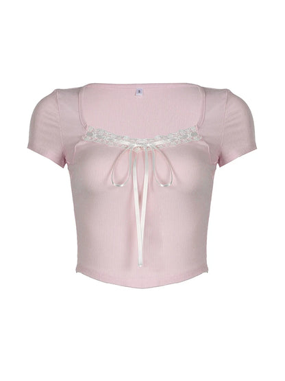 Camiseta rosa de manga corta para mujer, estilo balletcore, con cuello cuadrado y ribete de encaje Y2K, estilo kawaii de los años 2000