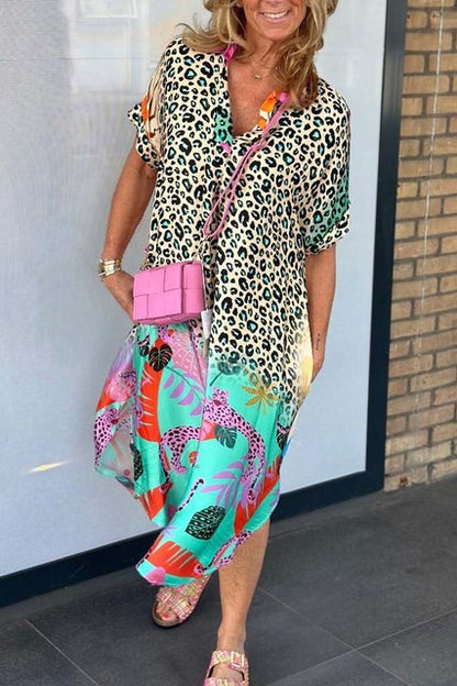 Vestidos de patchwork con estampado de leopardo para mujer, cuello en V, manga corta, bolsillo, abertura holgada, vestido midi, moda informal, vestidos de verano para mujer, nuevo