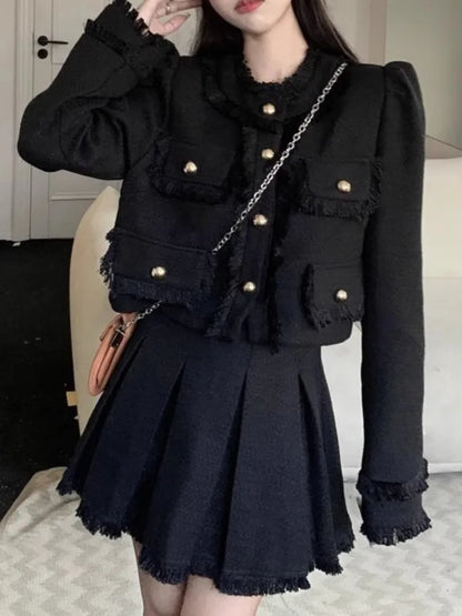 Korean Fashion Women Solid Tweed Skirts Suit Elegant Chic Jackets Coat Mini Pleated Skirts Two Pieces Set Female Clothes Outfits